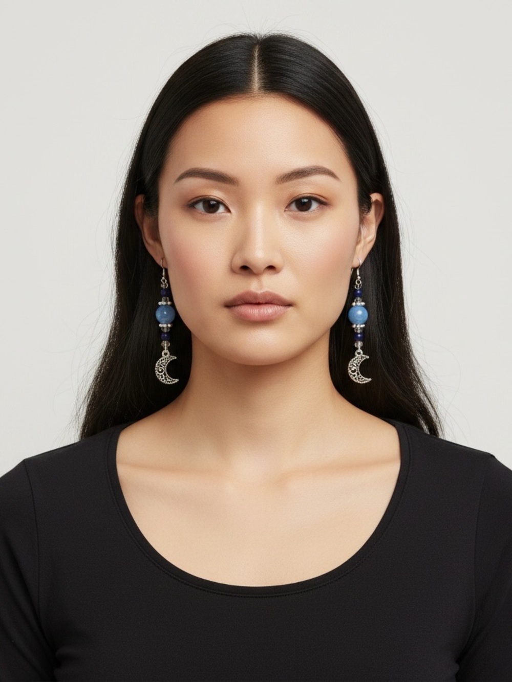Blue Bead Crescent Moon Dangle Earrings - Silver-Tone Accents
